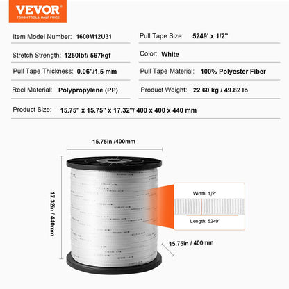 Durable Polyester Pull Cord, Width 0.5" & Length 5249ft, Max Load 1250 lbf, Measurement Marks, Perfect for Organizing Cables, Packaging, Garden Work & Electrical Jobs