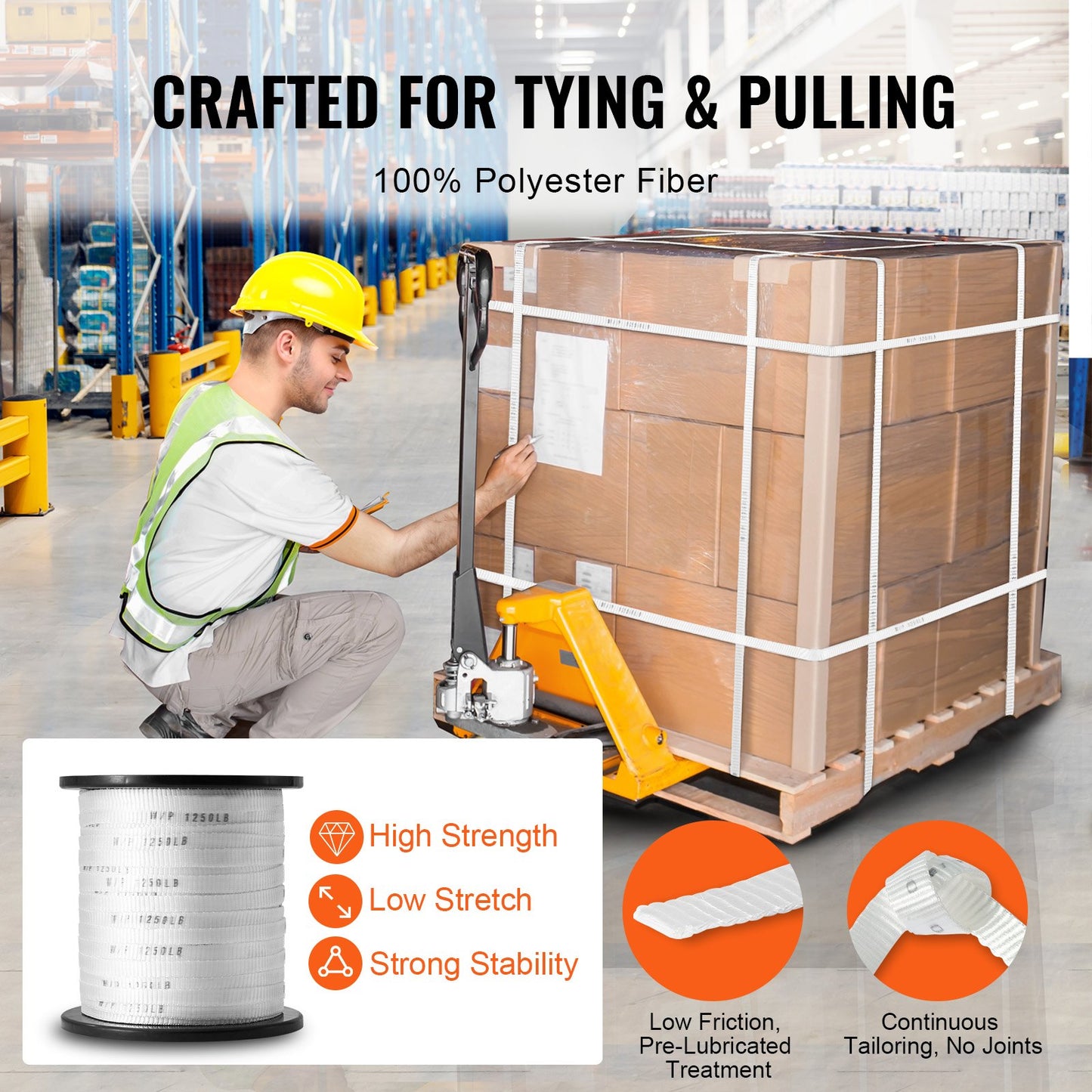 Polyester dragtejp, 1/2" x 528" Mule Tejp platt rep, 1250 lbf dragkapacitet, tryckt nätkabeldragande tejp för förpackning, trädgårdsarbete, kommersiell el, ledningsarbete, vit