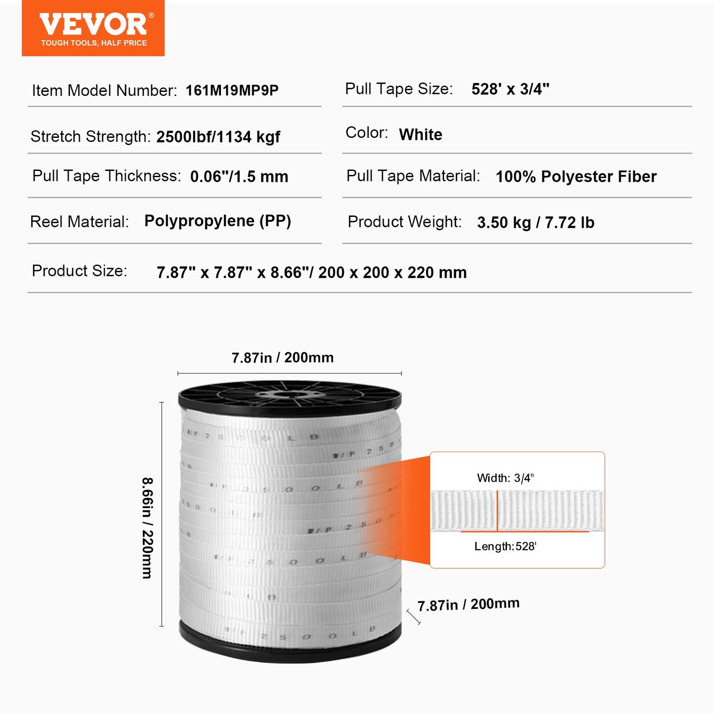 Polyester Pull Tape, 3/4" x 528' Mule Tape Flat Rope, 2500 lbf Tensile Capacity, Printed Webbing Cable Pulling Tape for Packaging, Gardening, Commercial Electrical, Conduit Work, White