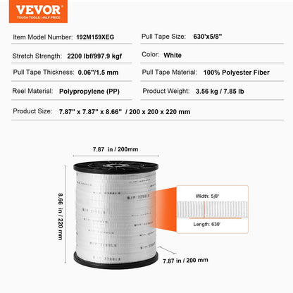 Polyester Pull Tape, 5/8" x 630' Mule Tape Flat Rope, 2200 lbf Tensile Capacity, Printed Webbing Cable Pulling Tape for Packaging, Gardening, Commercial Electrical, Conduit Work, Whit