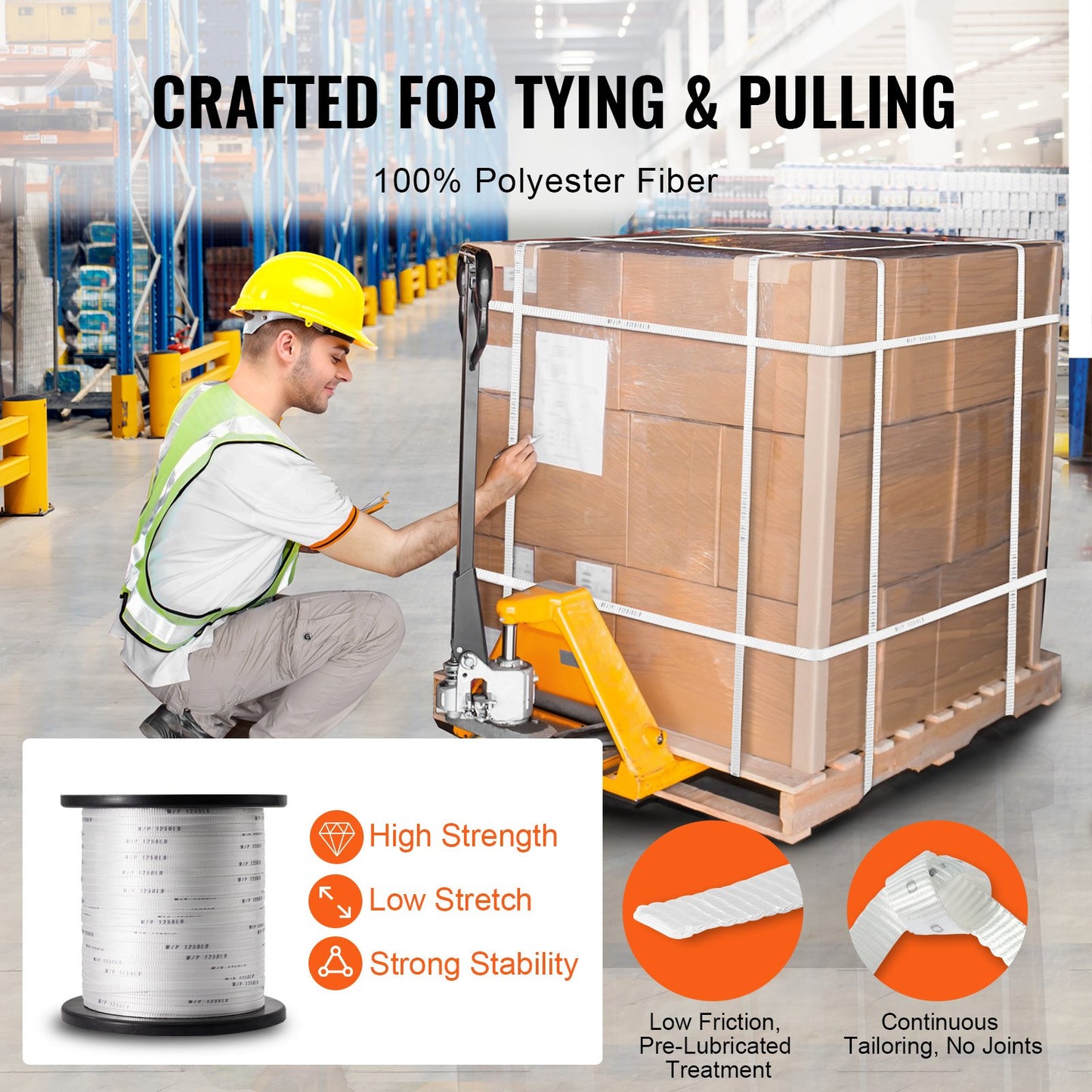 Polyester Pull Tape, 1/2" x 1053' Mule Tape Flat Rope, 1250 lbf Tensile Capacity, Printed Webbing Cable Pulling Tape for Packaging, Gardening, Commercial Electrical, Conduit Work, White