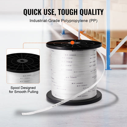 Polyester Pull Tape, 1/2" x 1053' Mule Tape Flat Rope, 1250 lbf Tensile Capacity, Printed Webbing Cable Pulling Tape for Packaging, Gardening, Commercial Electrical, Conduit Work, White