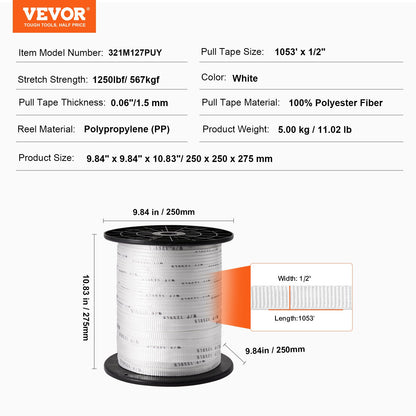 Polyester Pull Tape, 1/2" x 1053' Mule Tape Flat Rope, 1250 lbf Tensile Capacity, Printed Webbing Cable Pulling Tape for Packaging, Gardening, Commercial Electrical, Conduit Work, White