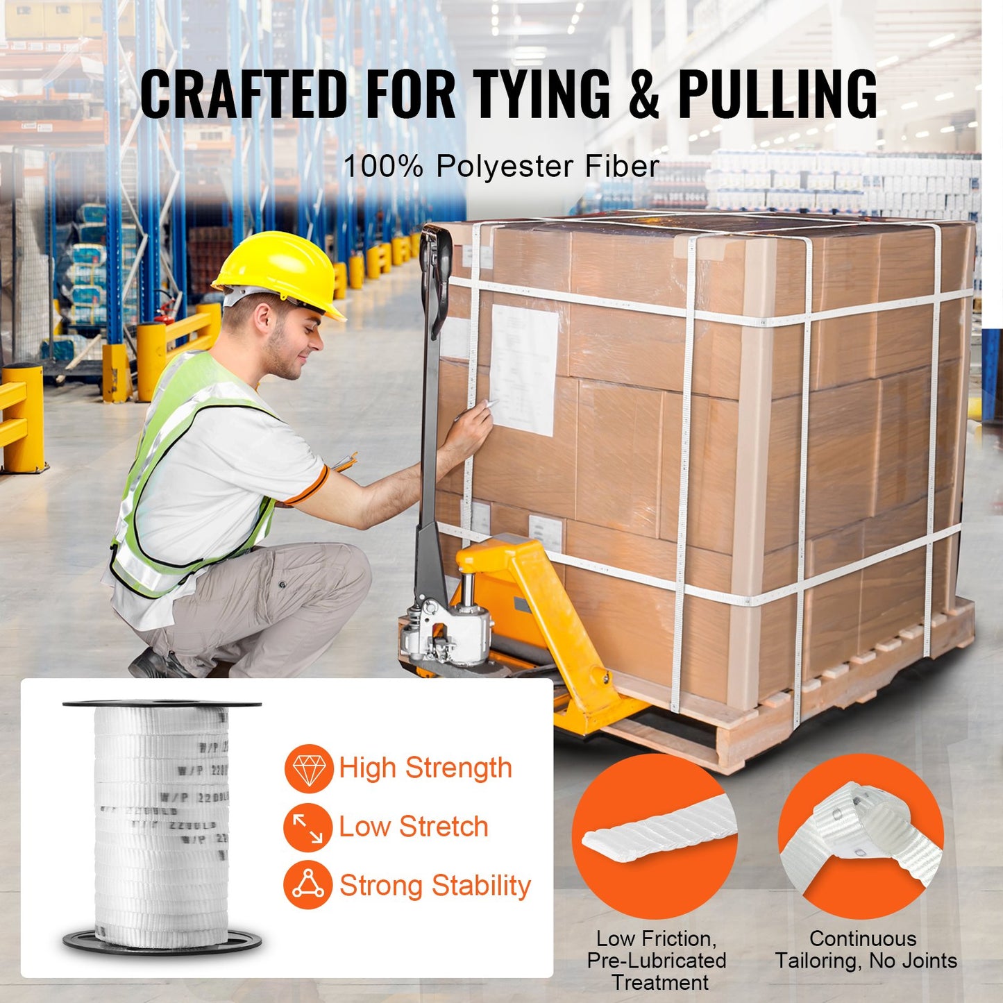 Polyester-Zugband, 5/8" x 108" Mule Tape-Flachseil, 2200 lbf Zugkapazität, bedrucktes Stromkabel-Zugband für Verpackung, Gartenarbeit, gewerbliche Elektrik, Verdrahtungsarbeiten, weiß