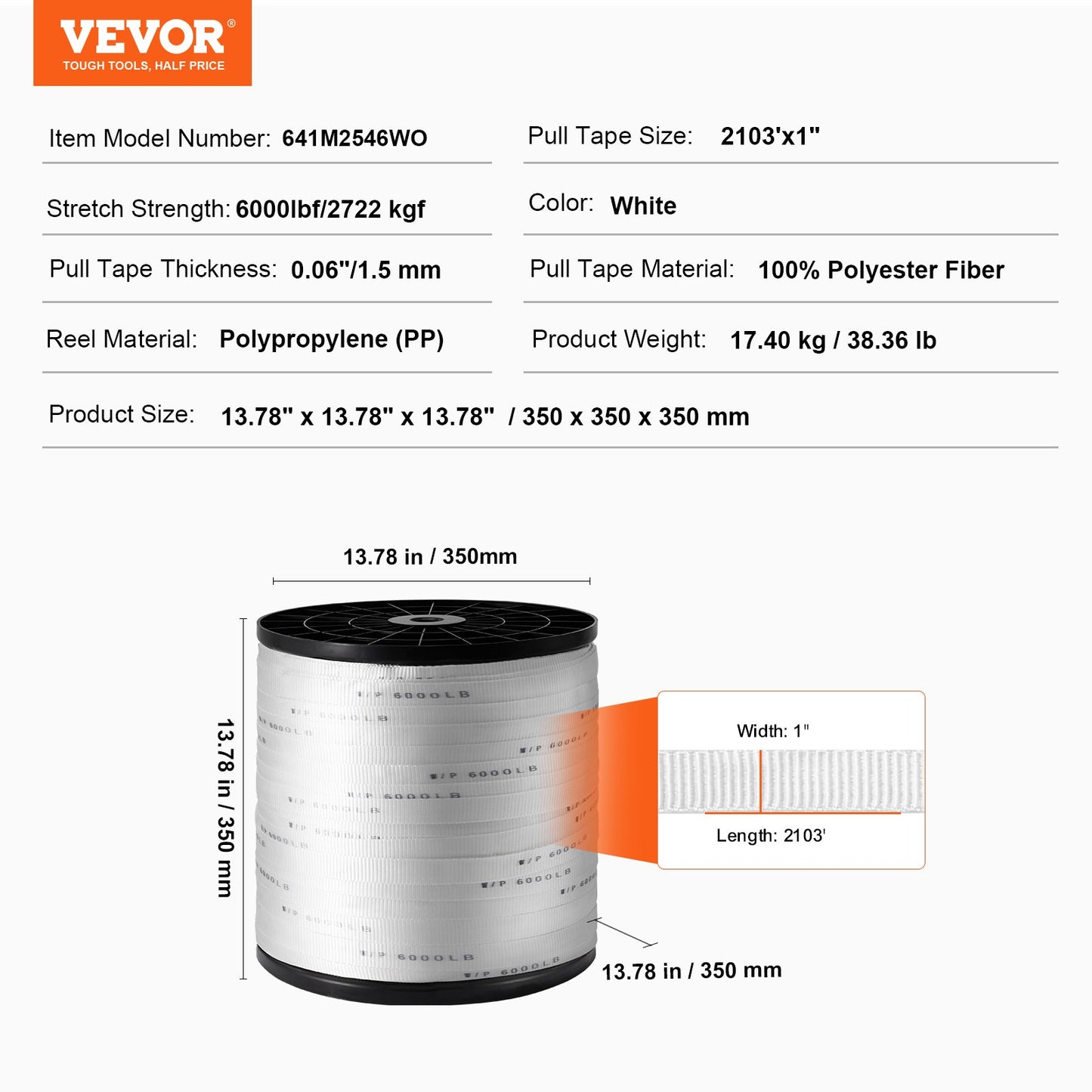 Polyester Pull Tape, 1" x 2103' Mule Tape Flat Rope, 6000 lbf Tensile Capacity, Printed Webbing Cable Pulling Tape for Packaging, Gardening, Commercial Electrical, Conduit Work, White