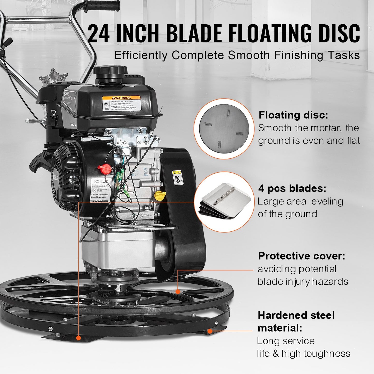 Power Trowel, 24” Walk-Behind Cement Trowel with Float Pan, 6HP Gas-Powered Smooth Concrete Surface Finisher, Heavy Duty Commercial Screed Concrete Cement with Finishing Blade, Orange