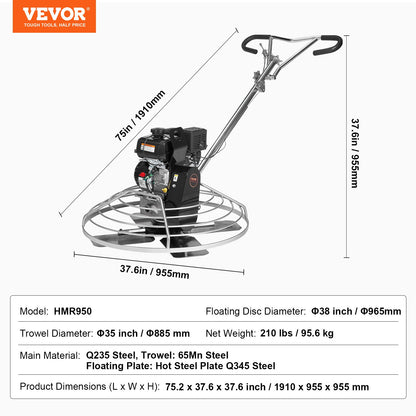 Elektrische handgeführte Zementkelle, 38 Zoll, 6 PS, benzinbetrieben, mit schwimmender Trogklinge