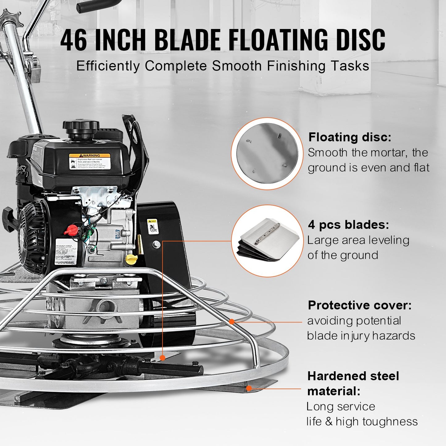 Power Walk-Behind cementglättare 46" 14HP gasdriven med flyttrågblad