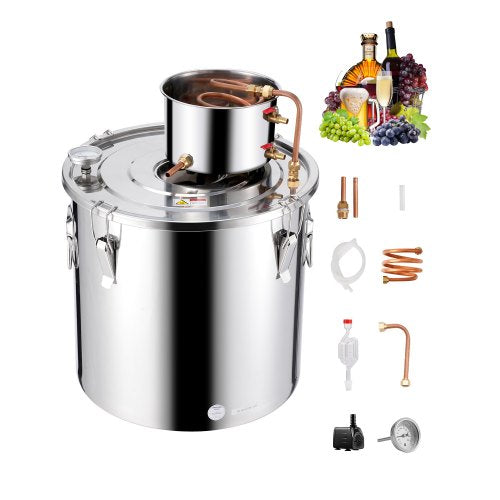 Alcohol Still, 13.2 Gal / 50 L Stainless Steel Water Alcohol Distiller with Copper Coil, Home Brewing Refining Fermentation Kit with Thermometer & Pump, for Wine Whisky Brandy, Silver