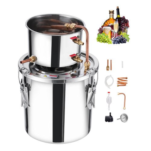 Alcohol Still, 3 Gal / 11.4 L Stainless Steel Water Alcohol Distiller with Copper Coil, Home Brewing Refining Fermentation Kit with Thermometer & Pump, for Wine Whisky Brandy, Silver