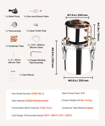 Moonshine Still 3 Gal Wasser Alkohol Destilliergerät Brauset Edelstahl