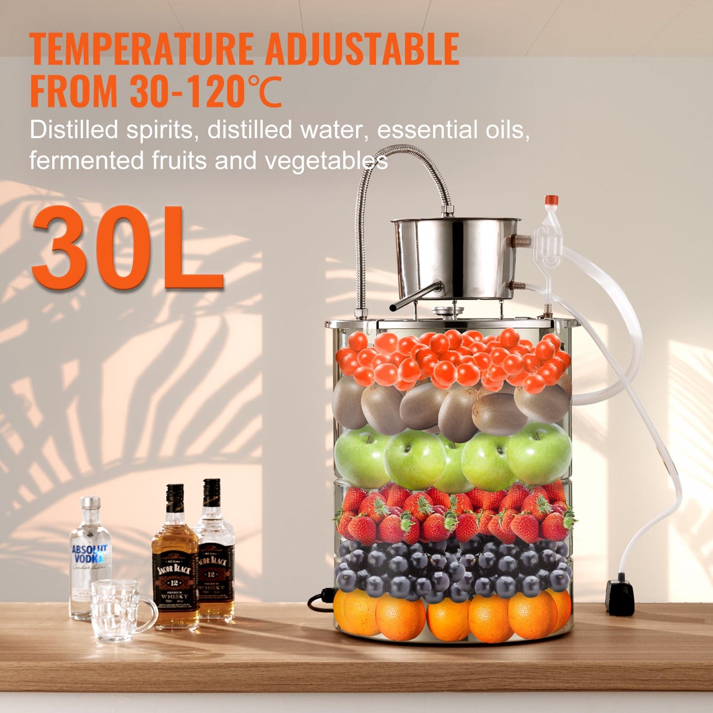 Alcohol Still, 9 Gal 30L Water Alcohol Distiller, Home Distillery Kit include Stainless Steel Tube & Pump & One-way Exhaust Valve & Thermometer (30-120℃ ) for DIY Whisky Wine Brandy, Silver