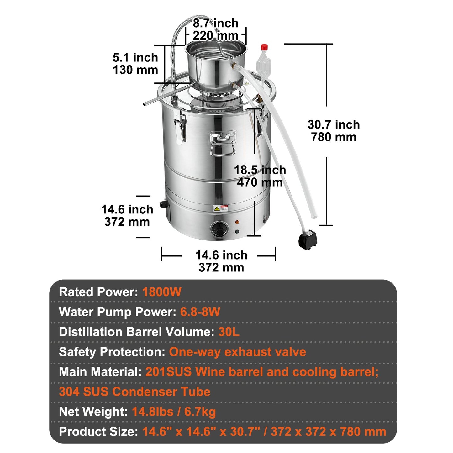 Alcohol Still, 9 Gal 30L Water Alcohol Distiller, Home Distillery Kit include Stainless Steel Tube & Pump & One-way Exhaust Valve & Thermometer (30-120℃ ) for DIY Whisky Wine Brandy, Silver