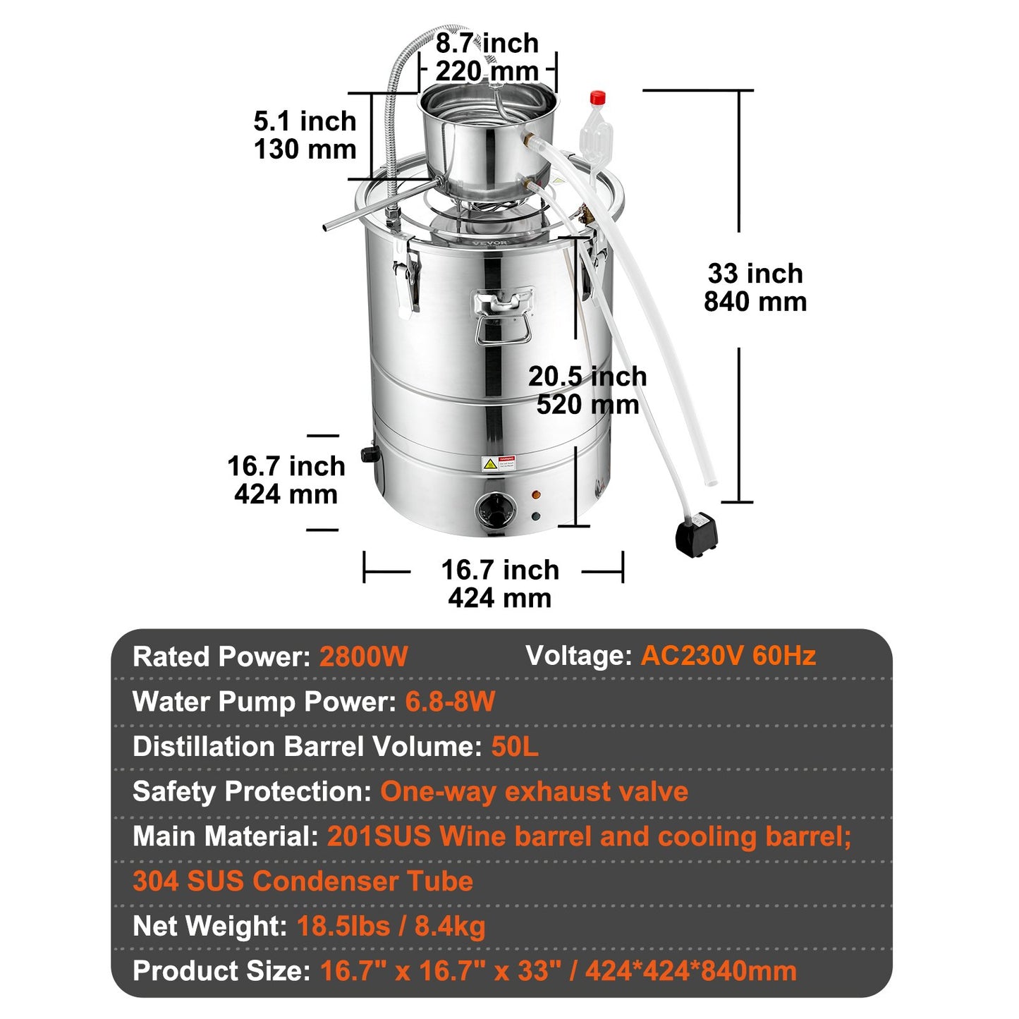 Alcohol Still, 15 Gal 50L Water Alcohol Distiller, Home Distillery Kit include Stainless Steel Tube & Pump & One-way Exhaust Valve & Thermometer (30-120℃ ) for DIY Whisky Wine Brandy, Silver