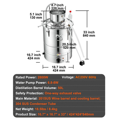 Alcohol Still, 15 Gal 50L Water Alcohol Distiller, Home Distillery Kit include Stainless Steel Tube & Pump & One-way Exhaust Valve & Thermometer (30-120℃ ) for DIY Whisky Wine Brandy, Silver