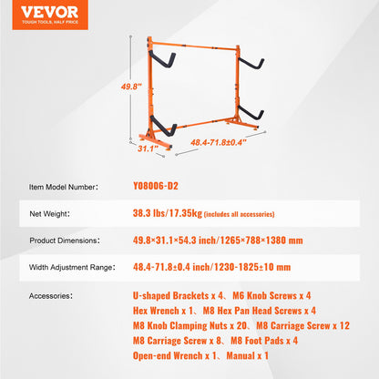 Freestanding Kayak Storage Rack, Kayak Stand for 2 Kayak Canoe Paddleboard, Heavy-duty Steel Kayak Hanger Holder with Padded Arms and Adjustable Width, 175LBS Max Load, for Indoor Outdoor Garage