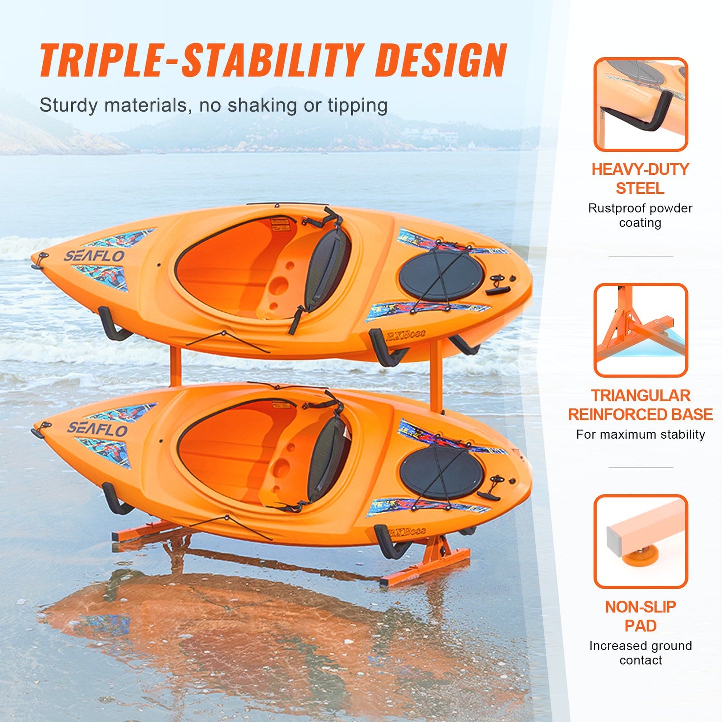 Fristående kajakförvaringsställ, kajakställ för 4 kajakkanotpaddleboard, kraftig kajakhållare i stål med vadderade armar och justerbar bredd, 220 LBS Max belastning, för utomhusgarage inomhus