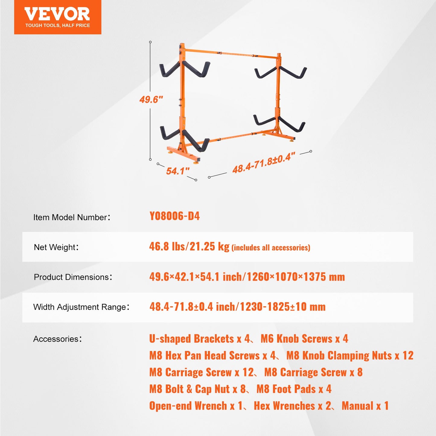 Fristående kajakförvaringsställ, kajakställ för 4 kajakkanotpaddleboard, kraftig kajakhållare i stål med vadderade armar och justerbar bredd, 220 LBS Max belastning, för utomhusgarage inomhus