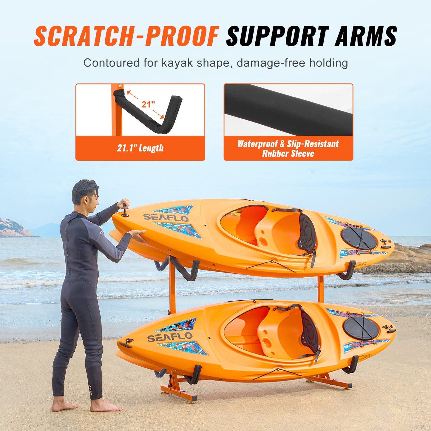 Freestanding Kayak Storage Rack, Kayak Stand for 4 Kayak Canoe Paddleboard, Heavy-duty Steel Kayak Hanger Holder with Padded Arms and Adjustable Width, 220LBS Max Load, for Indoor Outdoor Garage
