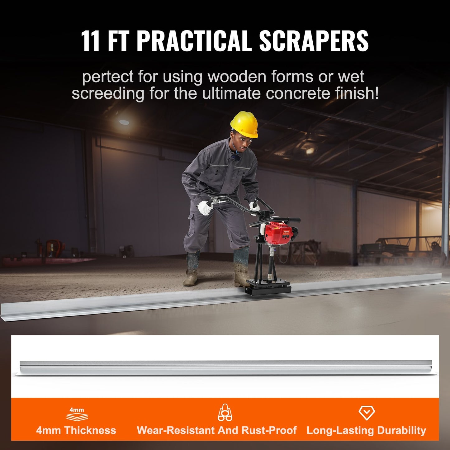 Gas Betong Power Screed, med 3370 mm aluminiumskiva med rak kantstång, 4-takts cementfinishing Vibrerande motor med höjdjusterbara handtag, högeffektiva betongverktyg 6500 rpm