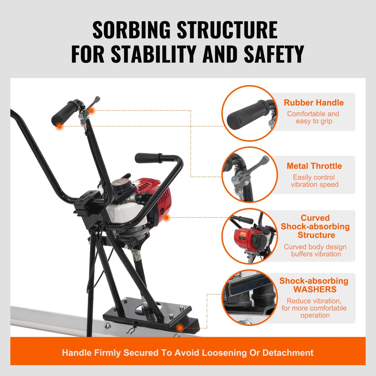 Gas Betong Power Screed, med 3370 mm aluminiumskiva med rak kantstång, 4-takts cementfinishing Vibrerande motor med höjdjusterbara handtag, högeffektiva betongverktyg 6500 rpm