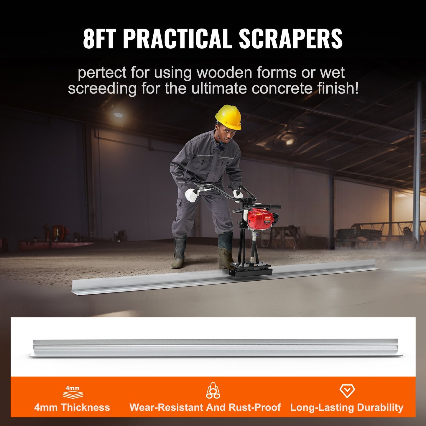 Gas Betong Power Screed, med 2445 mm aluminiumskiva med rak kantstång, 4-takts cementfinishing vibrerande motor med höjdjusterbara handtag, högeffektiva betongverktyg 6500 rpm