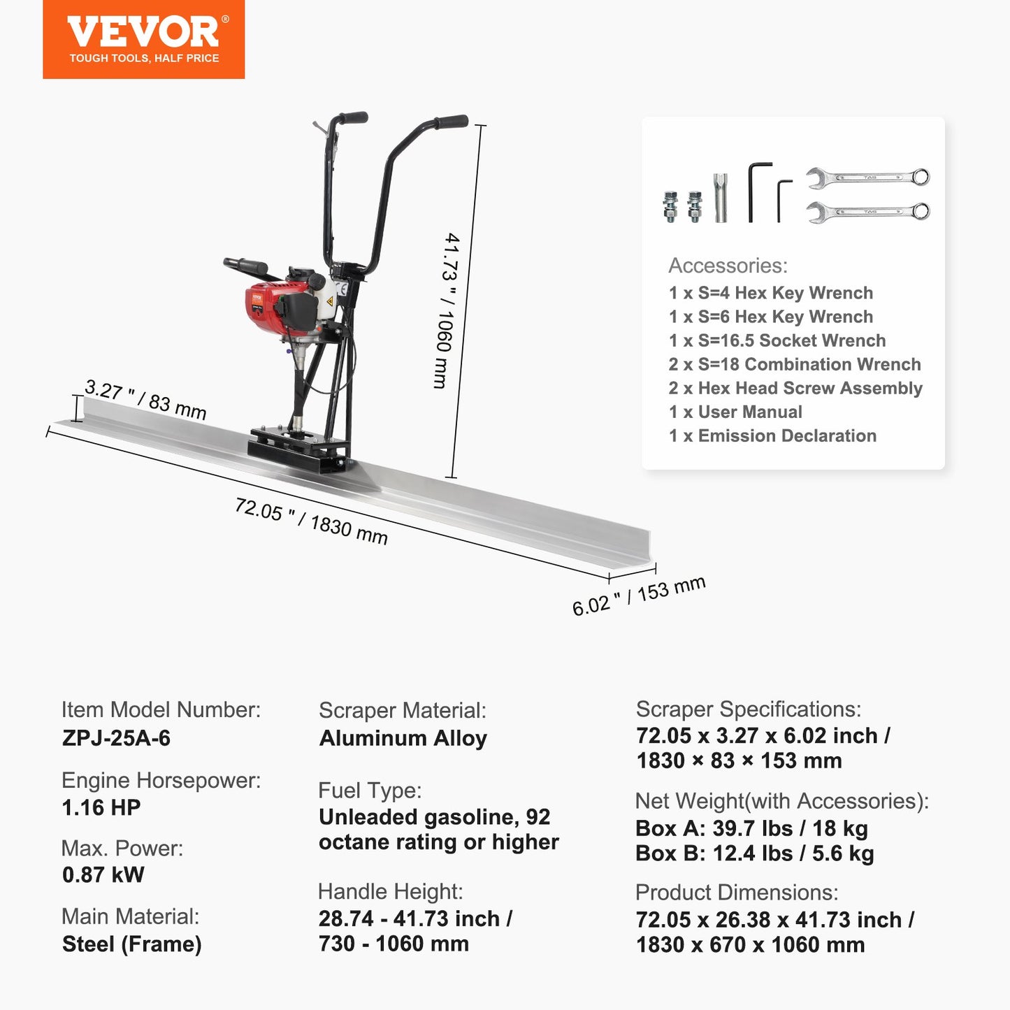 Gas Concrete Power Screed, 6ft Aluminum Board Straight Edge Bar Set, 4 Stroke Cement Finishing Vibrating Motor with Height Adjustable Handles, High Efficient Concrete Tools 6500RPM