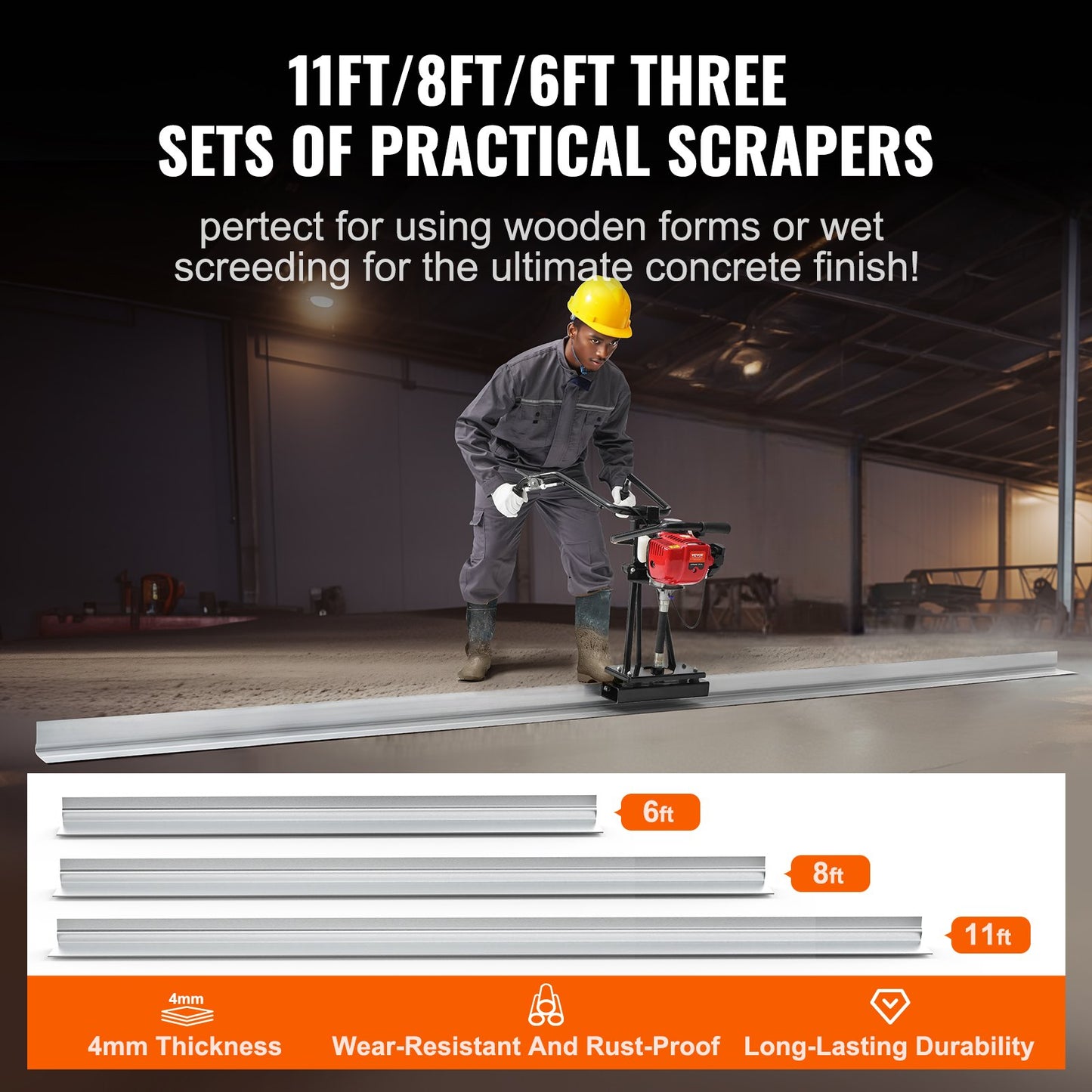 Gasbeton-Kraftestrich, 6 Fuß/8 Fuß/11 Fuß Aluminium-Scheiben-Geradekanten-Estrich-Set, 4-Takt-Vibrationsmotor für Zement-Finishing mit höhenverstellbaren Griffen, hocheffiziente Betonwerkzeuge 6500 U/min