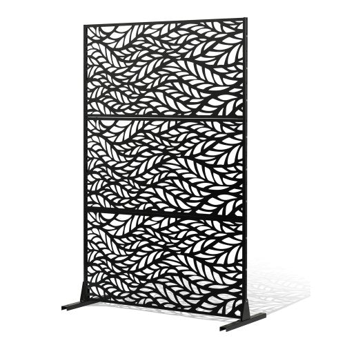 Metal Privacy Screen, 47" W x 72" H, Outdoor Privacy Screens & Panels, Freestanding Outdoor Divider with Stand, 3-Panel Decorative Garden Steel Privacy Fence for Balcony Patio Indoor Room Black