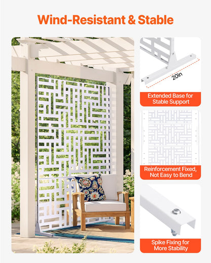 Metal Privacy Screen, 47" W x 76" H Outdoor Privacy Screens 3-Panel, Freestanding Outdoor Divider with Stand, Decorative Garden Steel Privacy Fence for Balcony Patio Indoor Room Hot Tub White