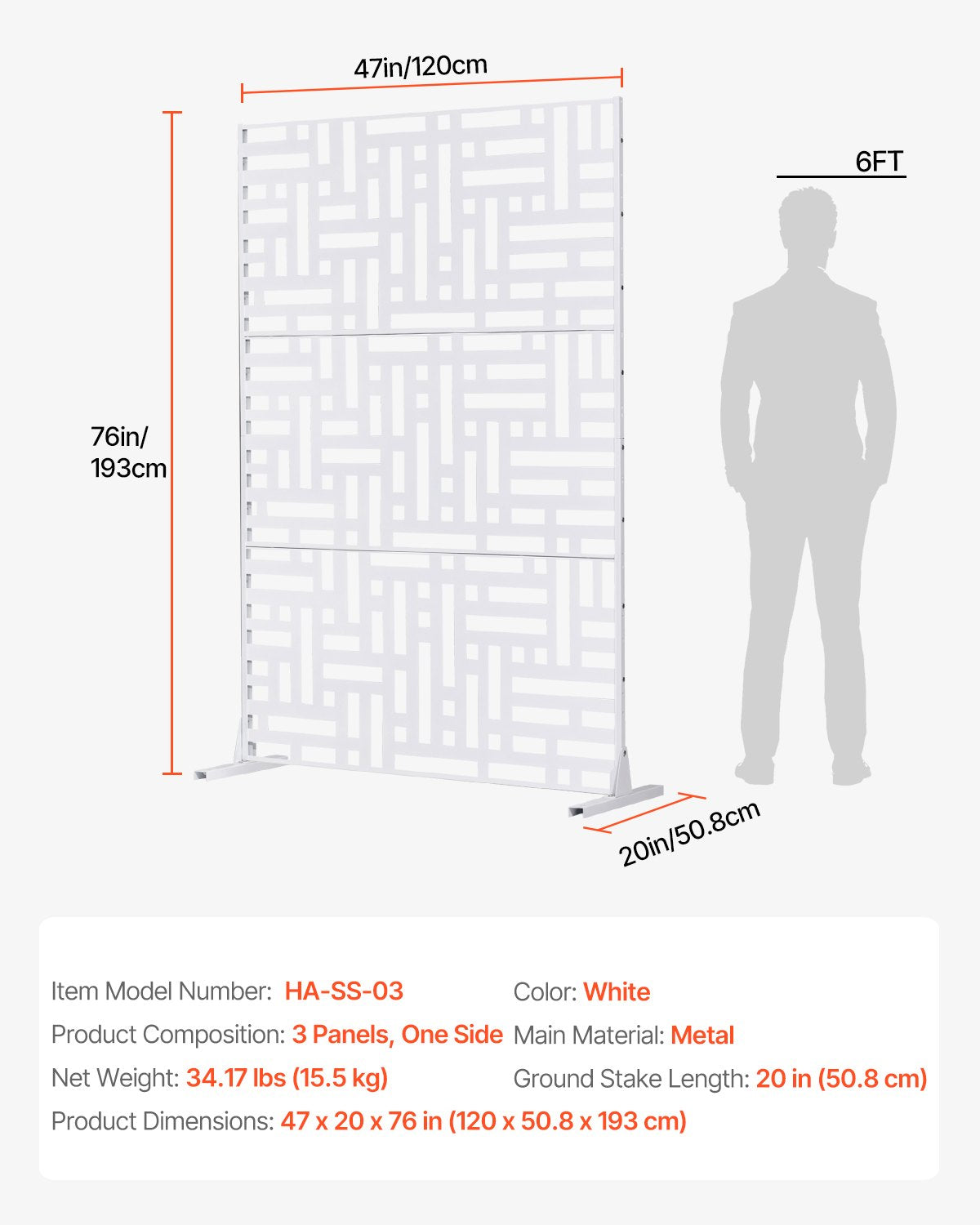 Metal Privacy Screen, 47" W x 76" H Outdoor Privacy Screens 3-Panel, Freestanding Outdoor Divider with Stand, Decorative Garden Steel Privacy Fence for Balcony Patio Indoor Room Hot Tub White