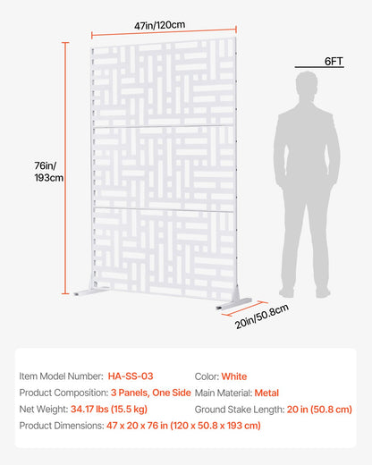 Metal Privacy Screen, 47" W x 76" H Outdoor Privacy Screens 3-Panel, Freestanding Outdoor Divider with Stand, Decorative Garden Steel Privacy Fence for Balcony Patio Indoor Room Hot Tub White