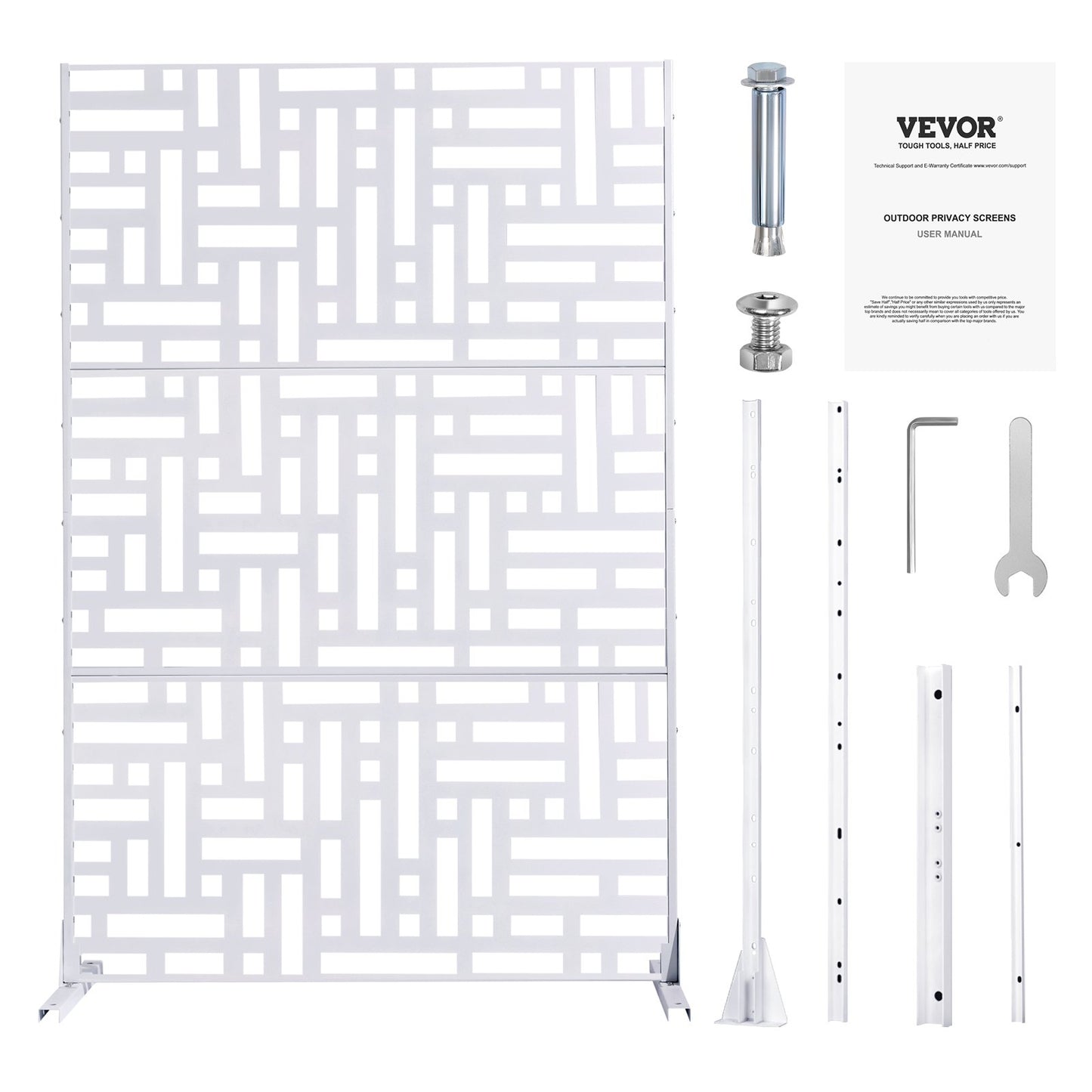 Metal Privacy Screen, 47" W x 76" H Outdoor Privacy Screens 3-Panel, Freestanding Outdoor Divider with Stand, Decorative Garden Steel Privacy Fence for Balcony Patio Indoor Room Hot Tub White