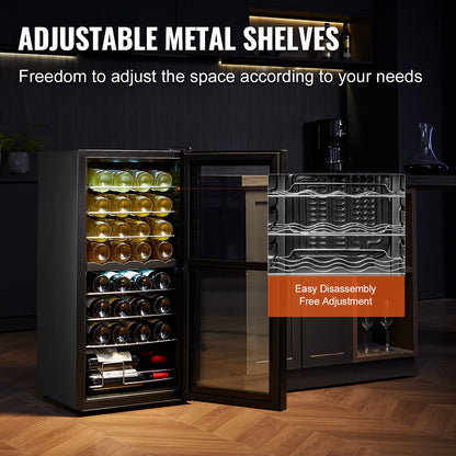 Weinkühler für 32 Flaschen, freistehender Kühlschrank mit zwei Zonen und LED-Licht