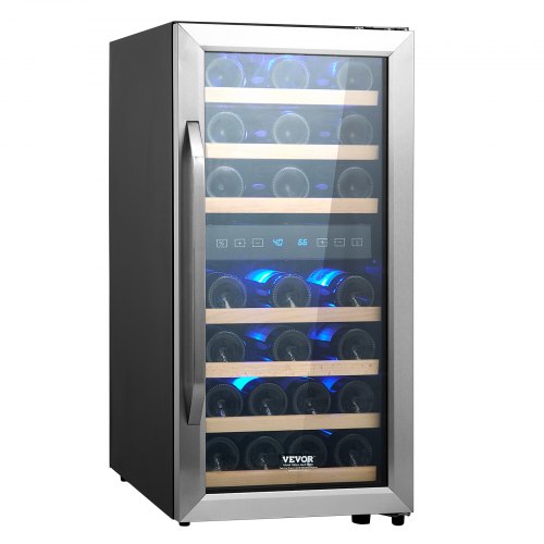 33-Bottle Wine Cooler, Dual Zone & Dual Temperature Wine Fridge, Freestanding Refrigerator with Circulating Air-cooling and Digital Control, Tempered Glass Door with UV Protection, for Home Bar