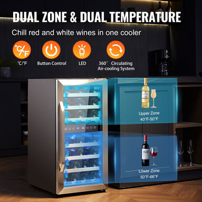 33-Bottle Wine Cooler, Dual Zone & Dual Temperature Wine Fridge, Freestanding Refrigerator with Circulating Air-cooling and Digital Control, Tempered Glass Door with UV Protection, for Home Bar