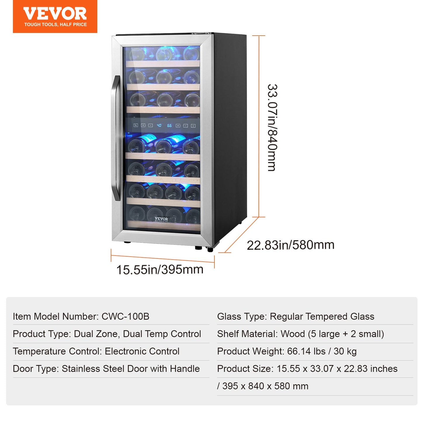 33-Bottle Wine Cooler, Dual Zone & Dual Temperature Wine Fridge, Freestanding Refrigerator with Circulating Air-cooling and Digital Control, Tempered Glass Door with UV Protection, for Home Bar