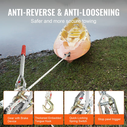 Repavdragare, 3/4 ton (1 653 lbs) dragkapacitet, med 100' av 0,6" dia. rep, 2 krok, vinsch, kraftfullt spärrverktyg för att flytta båtar, säkra föremål, transportera stockar