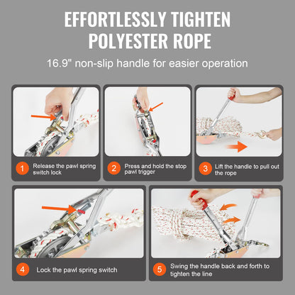 Repavdragare, 3/4 ton (1 653 lbs) dragkapacitet, med 100' av 0,6" dia. rep, 2 krok, vinsch, kraftfullt spärrverktyg för att flytta båtar, säkra föremål, transportera stockar