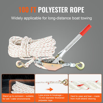 Rope Puller, 3/4 Ton (1,653 lbs) Pulling Capacity, with 100' of 0.6" dia. Rope, 2 Hook, Come Along Winch, Heavy Duty Ratchet Power Puller Tool for Moving Boats, Securing Items, Transporting Logs