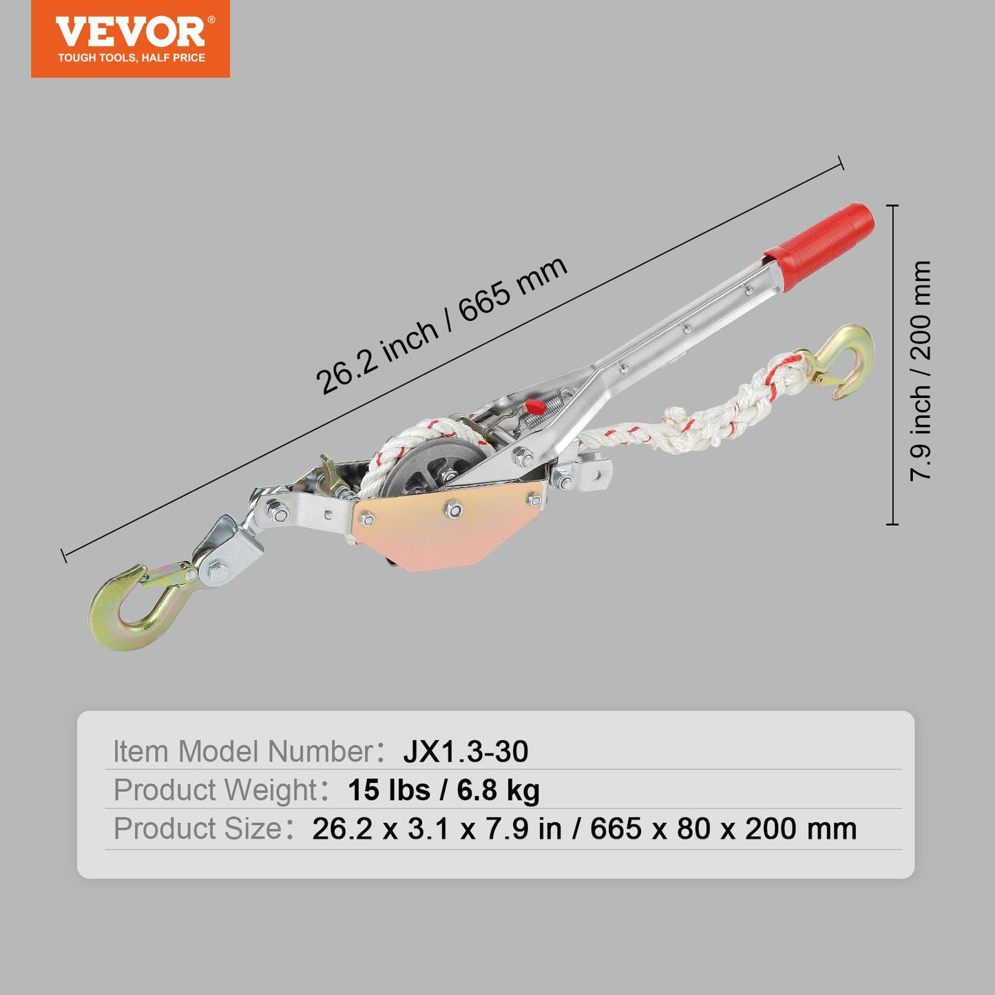 Rope Puller, 3/4 Ton (1,653 lbs) Pulling Capacity, with 100' of 0.6" dia. Rope, 2 Hook, Come Along Winch, Heavy Duty Ratchet Power Puller Tool for Moving Boats, Securing Items, Transporting Logs