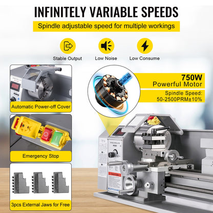 Metal Lathe, 210x720 Mini Lathe Machine, 2500 RPM Variable Speed Change, 750W Precision Mini Lathe, Metal Working Lathe with Brushless Motor, Milling Machine for Various Metal Turning