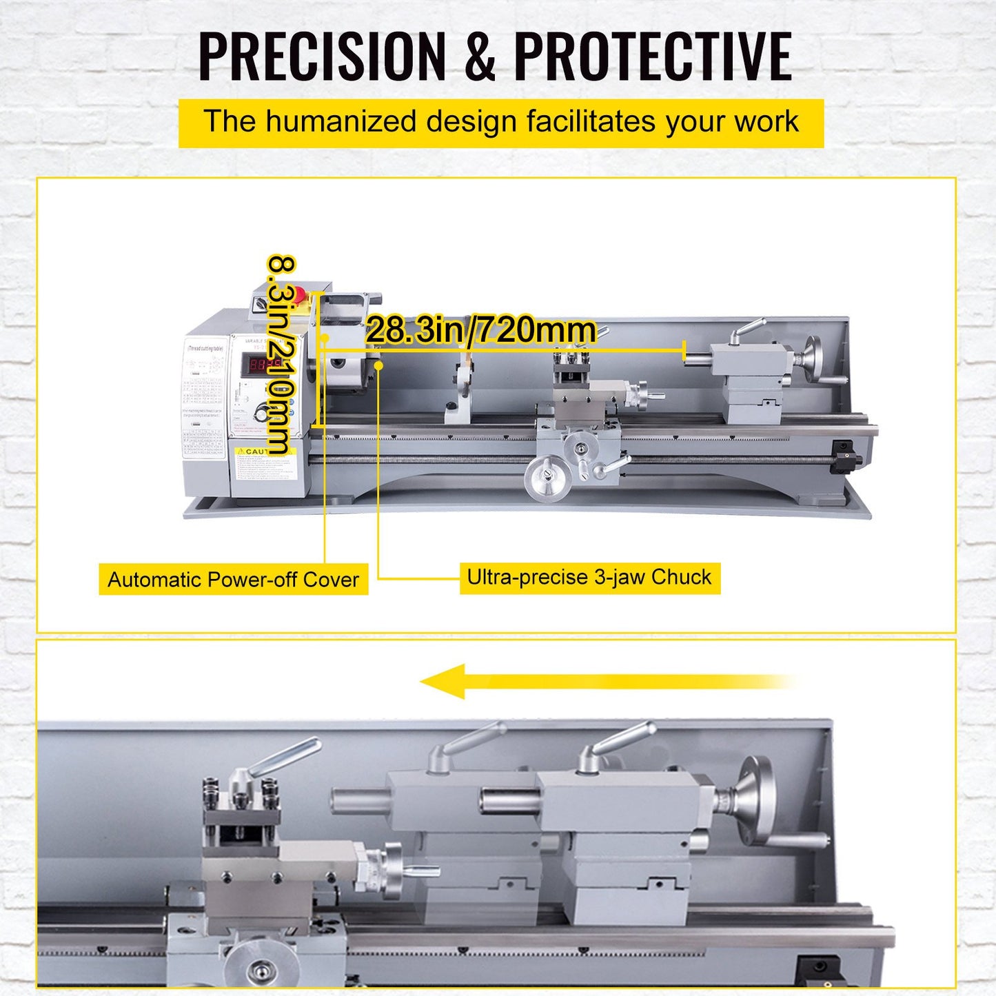 Metal Lathe, 210x720 Mini Lathe Machine, 2500 RPM Variable Speed Change, 750W Precision Mini Lathe, Metal Working Lathe with Brushless Motor, Milling Machine for Various Metal Turning