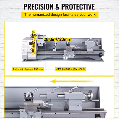 Metal Lathe, 210x720 Mini Lathe Machine, 2500 RPM Variable Speed Change, 750W Precision Mini Lathe, Metal Working Lathe with Brushless Motor, Milling Machine for Various Metal Turning