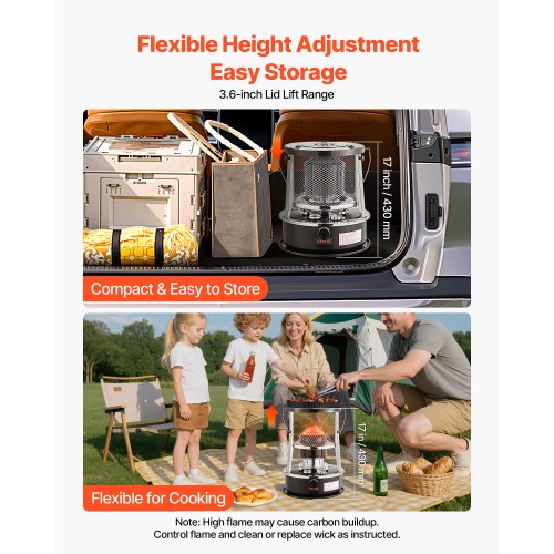 9000 BTU bärbar fotogenvärmare och spis, 2-i-1 icke-elektrisk inomhus- och utomhusvärmare med justerbar höjd och låga och enkel förvaring, för camping, jakt, matlagning, hem, garage, svart |  EU