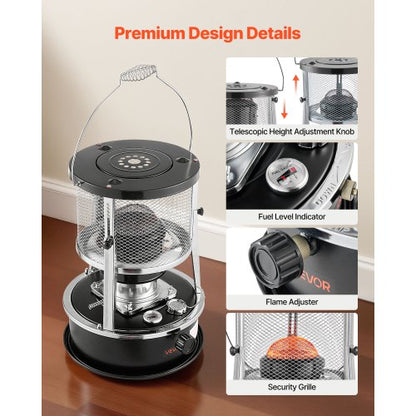 9000 BTU bärbar fotogenvärmare och spis, 2-i-1 icke-elektrisk inomhus- och utomhusvärmare med justerbar höjd och låga och enkel förvaring, för camping, jakt, matlagning, hem, garage, svart |  EU