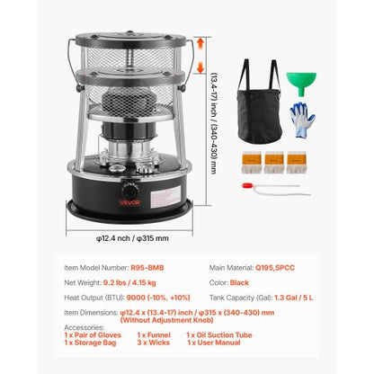 9000 BTU bärbar fotogenvärmare och spis, 2-i-1 icke-elektrisk inomhus- och utomhusvärmare med justerbar höjd och låga och enkel förvaring, för camping, jakt, matlagning, hem, garage, svart |  EU