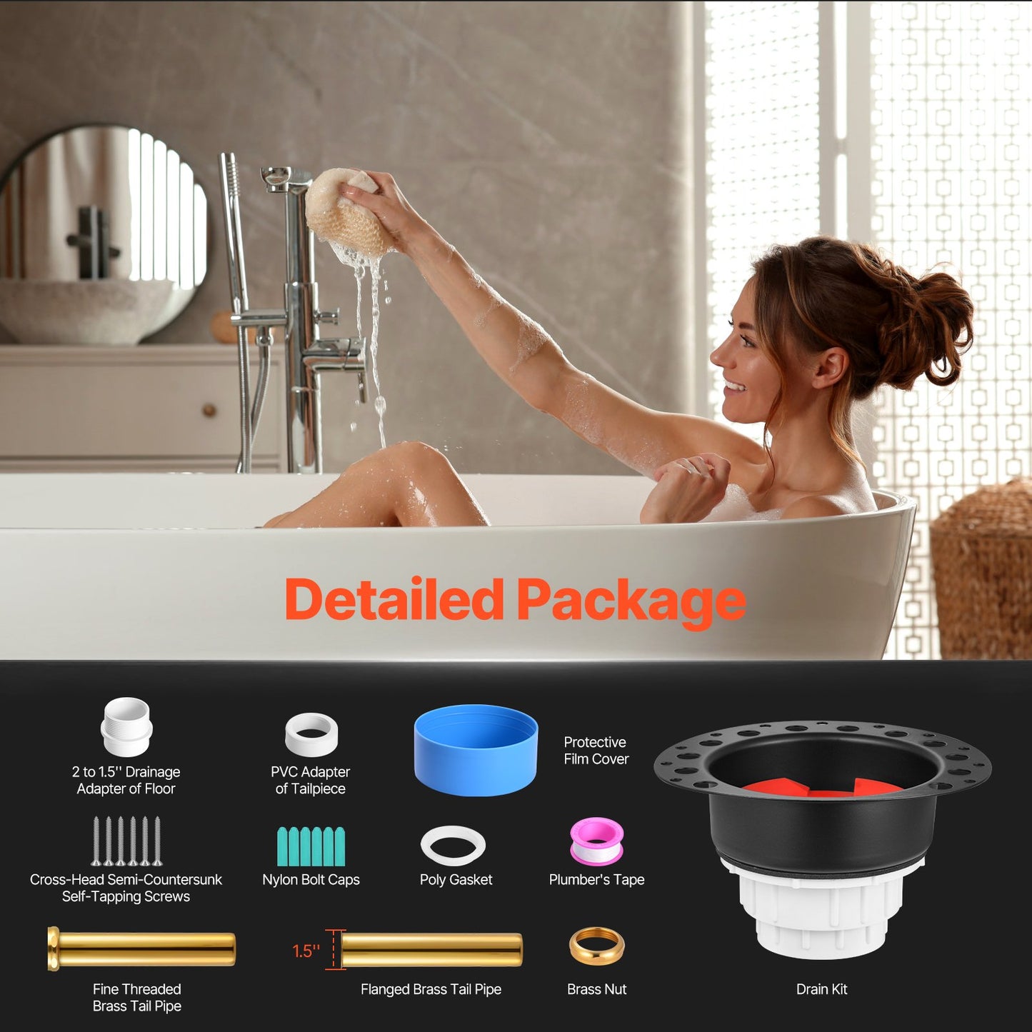 PVC Freestanding Tub Drain Kit, 2 Brass Tail Pipes, Bathtub Drain Rough-in Kit, with PVC Adapter of Tailpiece, Compatible with Freestanding Bathtubs, Floor Mounted Bathtubs and Island Bathtubs