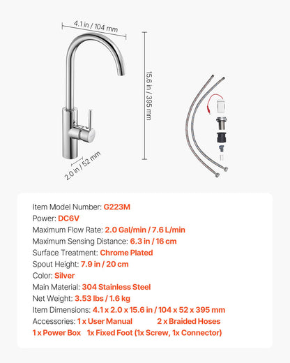 Touchless Kitchen Bar Sink Faucet, Single Handle Automatic Motion Sensor Bathroom Faucet, Hands-Free Adjustable Cold Hot Water Mixer Flexible Swivel for 9/16 in Pipe,Chrome Plated Silver