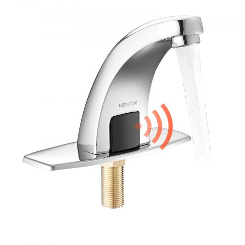 Touchless Bathroom Sink Faucet, Automatic Motion Sensor Restroom Toilet Faucet Cold Water with Hole Cover Plate, Battery Operated for 9/16 in Pipe Commercial Lavatory,Chrome Plated Silver,G233M